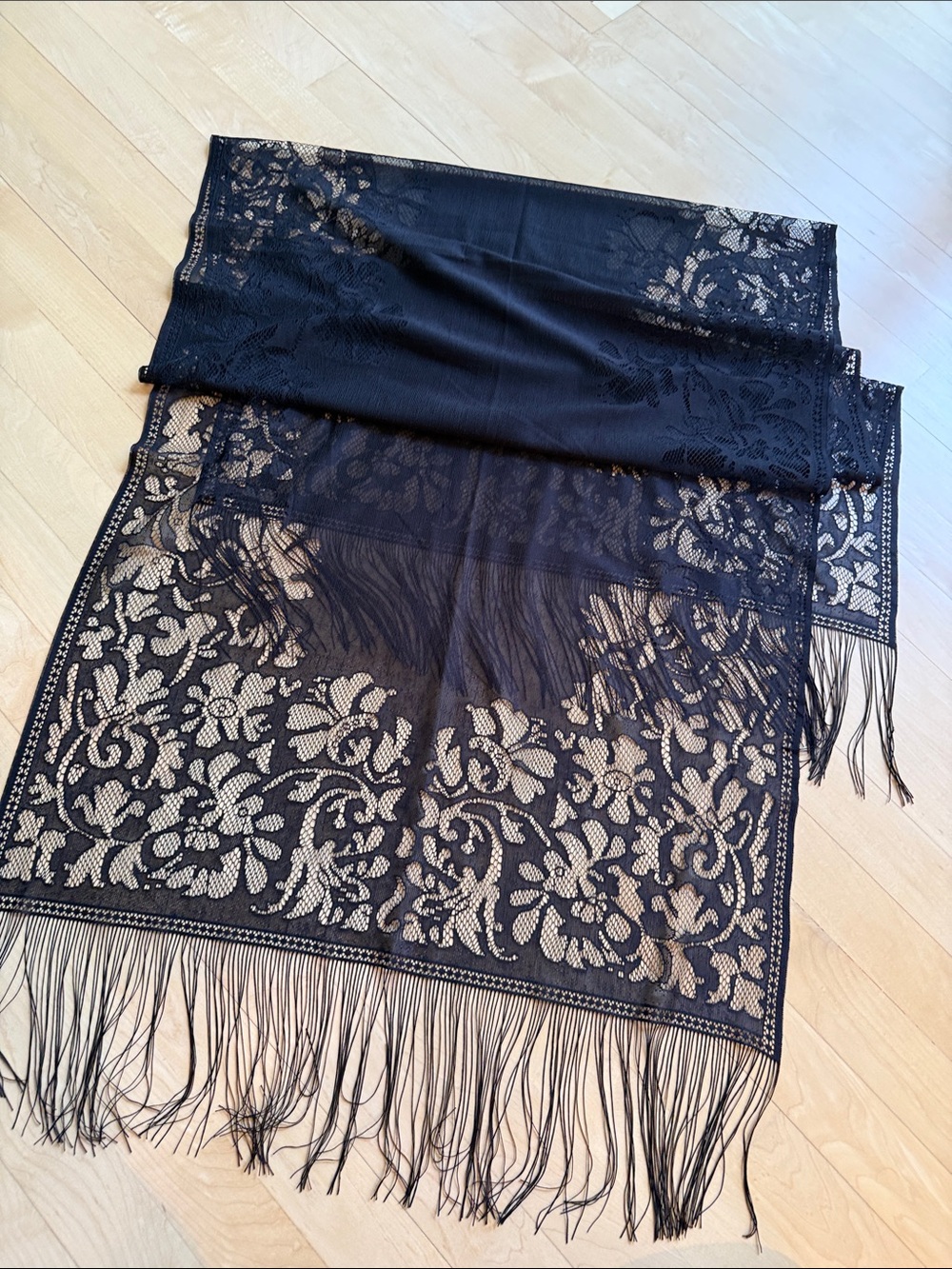 Black Floral Lace Fringed Shawl Scarf
